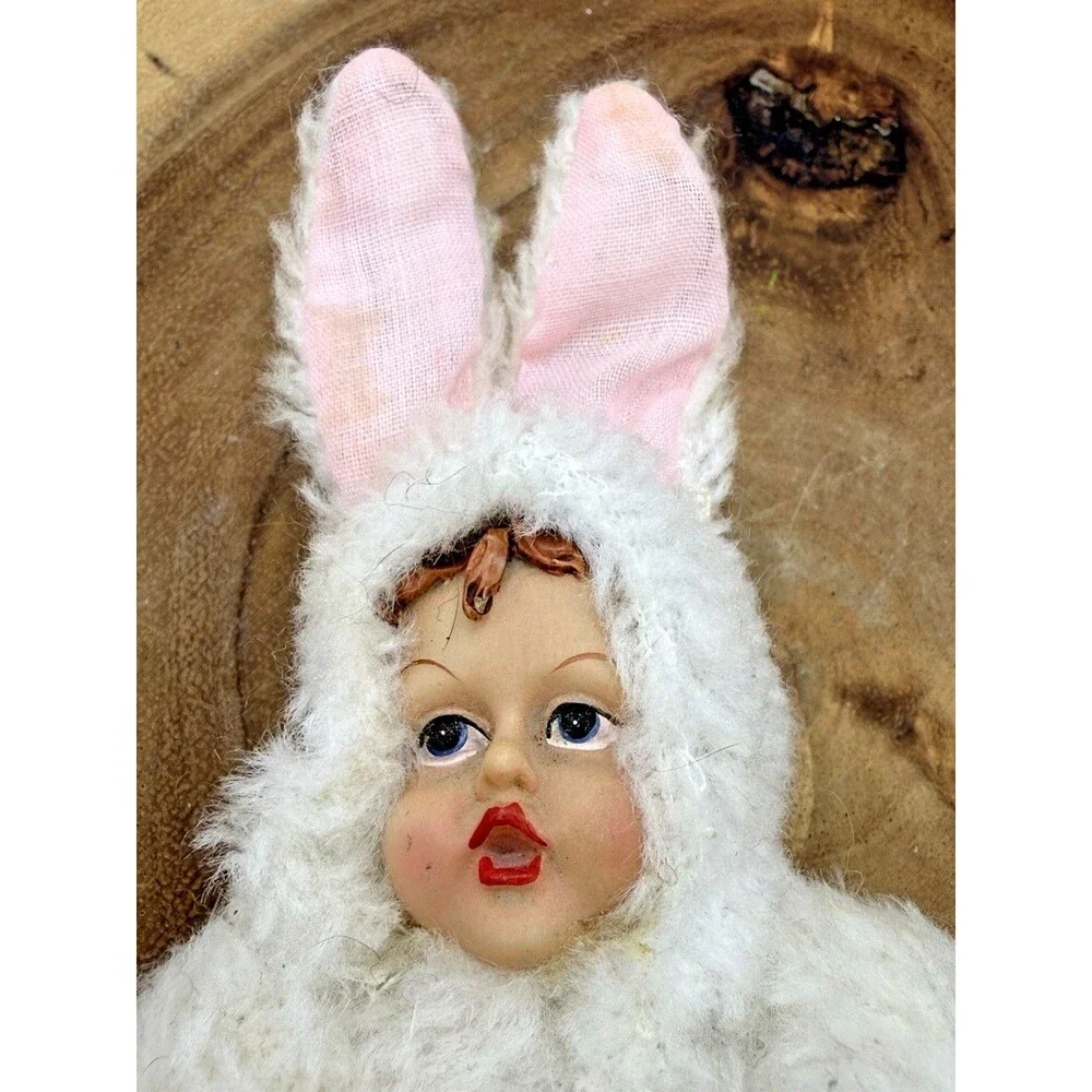 2 Vintage Miniature Porcelain Doll  in Fuzzy Fabric Bunny Costume 4